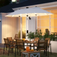 Outsunny 3 m Double-Sided Garden Parasol with LED Solar Lights, Tilt, Outdoor Extra Large Sun Umbrella with Crank Handle, Cream(m-10)