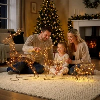 Outsunny Ensemble 3 pièces renne et traîneau lumineux, déco de Noël en polyrattan avec LEDs, 8 modes, minuterie(m-4)