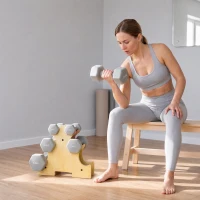 SPORTNOW Set de mancuernas 3 pares 1 kg 3 kg 5 kg con soporte de madera, agarre antideslizante, hierro fundido hexagonal, gris claro(m-6)