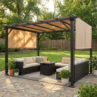 Outsunny Pergola Gazebo da Giardino in Acciaio con Tende Regolabili 3x3m, Marrone Chiaro(m-2)