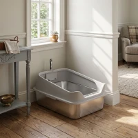PawHut Lettiera per Gatti XXL in Acciaio Inox con Paletta, Lati Alti, Antiperdita, Antiodore, Fino a 12 kg, Grigio(m-9)