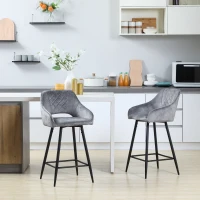 HOMCOM Lot de 2 tabourets de bar chaises hautes effet velours et acier noir avec repose-pieds accoudoirs hauteur 67 cm gris(m-10)
