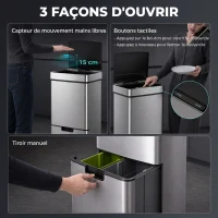 HOMCOM Poubelle à capteur de mouvement ouverture automatique 3 compartiments capacité 72L design 42 x 30 x 81 cm(m-4)