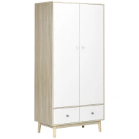 HOMCOM Armadio 2 Ante in Legno con 4 Vani, 2 Cassetti e Appendiabiti, Color Legno e Bianco, 90x50x190cm(m-1)