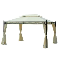 Outsunny Gazebo da Giardino 3x4m in Acciaio con Doppio Tetto e 4 Tende Laterali, Crema(m-11)
