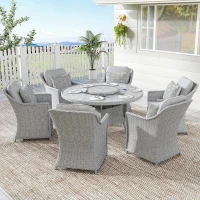 Outsunny Rattan Garden Dining Set with Turntable, Marble Effect Glass Round Garden Table and Chairs with Aluminium Frame, Grey(m-10)