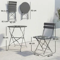 Outsunny Folding Garden Bistro Set, Outdoor Round Bistro Table and Chairs Set 2 with Electrophoresis Metal Frame, Grey(m-3)