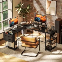 HOMCOM Bureau d'angle modulable réversible 168-240 cm style industriel - étagère réglable, sac de rangement, support d'écran(m-10)