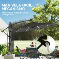 Outsunny Chapéu de Sol Excêntrico com Luzes LED Solares Ø345 cm Base Cruzada Manivela Capa Protetora Cinza Escuro(m-9)
