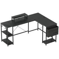 HOMCOM Bureau d'angle modulable réversible 168-240 cm style industriel - étagère réglable, sac de rangement, support d'écran(m-1)