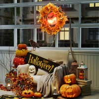 Outsunny Halloween-Kranz, Grusel-Kürbis-Design, Herbstblätter, Lichteffekte, Kunststoff(m-9)