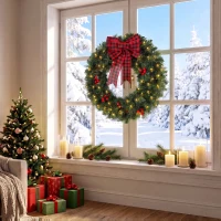 HOMCOM Couronne de Noël Ø60 cm avec Lumières LED 8 Modes, Nœud, 140 Branches, Pommes de Pin et Baies, Couronne de Noël, Vert(m-5)