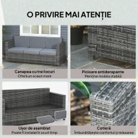 Outsunny Canapea pentru Exterior cu 3 Locuri din Ratan PE, Canapea cu Perne Tapițate și Huse Detasabile, Cadru Metalic pentru Grădină, Terasă și Balcon, 185x70x80 cm, Gri(m-6)