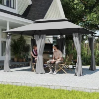 Outsunny Cenador de Jardín de 4x3 m con Doble Techo Paredes Laterales Resistente al Agua para Exterior Terraza Gris Oscuro(m-10)