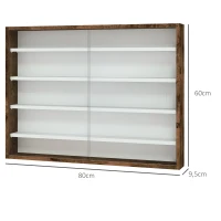 HOMCOM Bacheca Portaoggetti a 4 Ripiani Regolabili, Vetrina a Muro in Vetro e Legno, 80x9.5x60 cm, Marrone(m-3)