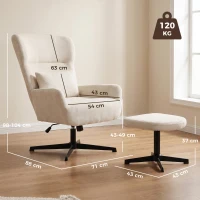 HOMCOM Fotoliu lounge rotativ 360° cu taburet, reglabil pe înălțime, tapițerie chenille, cu pernă lombară, alb-crem(m-3)