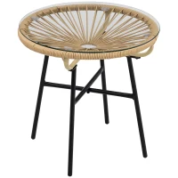Outsunny Rattan Side Table, Round Outdoor Coffee Table, with Round PE Rattan and Tempered Glass Tabletop for Patio, Garden, Balcony, Beige(m-1)