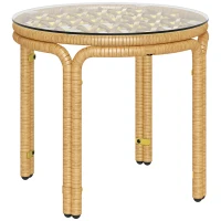 Outsunny Table d'appoint en résine tressée ronde, table basse de jardin avec plaque verre, facile à nettoyer Ø 50 x 44 cm, jaune(m-11)