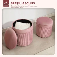 HOMCOM Set 2 Taburete Rotunde Stivuibile și Tapițate, cu Huse din Catifea și Spațiu de Depozitare de 34.8L, Roz(m-4)