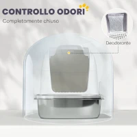 PawHut Lettiera Gatto Chiusa XL in Acciaio Inox con Coperchio Sollevabile, Paletta, Pacchetto Deodorante, Bianco(m-5)