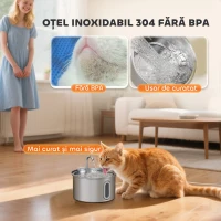 PawHut Fântână pentru Pisici de 2,5L cu Lumină LED și 2 Moduri de Flux, din Oțel Inoxidabil, 19,4x19,4x18,7 cm, Argintiu(m-4)