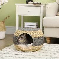 PawHut Wicker Cat House, Rattan Raised Cat Bed, Cosy Kitten Cave with Soft Washable Cushion, Φ40 x 30cm(m-10)