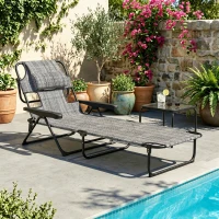 Outsunny Espreguiçadeira de Jardim Dobrável com Encosto Ajustável em 4 Níveis, Orifício de Leitura e Apoio para Cabeça 145x72x89 cm Cinzento(m-10)