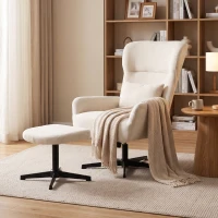 HOMCOM Poltrona Lounge Giratória 360° com Puff Regulável em Altura Revestimento em Chenille com Almofada Lombar Creme Branco(m-6)