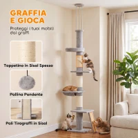 PawHut Tiragraffi per Gatti a Soffitto con Altezza 230-260 cm, 3 Pali Graffiatoi, Amaca, in Peluche, Grigio Chiaro(m-6)
