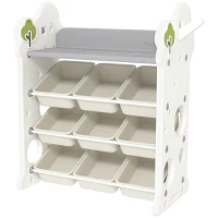 AIYAPLAY Scaffale Portagiochi a 4 Livelli con 9 Contenitori e Gancio Laterale, in HDPE, 77x42x94 cm, Bianco Crema(m-1)