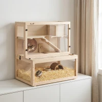 PawHut Wooden Hamster Cage with Hut, Wheel, Ramps, Removable Viewing Panels, 80 x 50 x 84 cm, Natural(m-14)