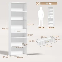 HOMCOM Estante para Livros Alta e Estreita, Estante de 7 Níveis com Gaveta, 6 Compartimentos Abertos, 60x24x182 cm, Branco(m-3)