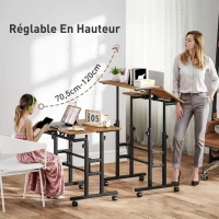 HOMCOM Bureau assis debout bureau réglable en hauteur 70 x 60 cm à roulettes avec plateau inclinable cadre en métal marron(m-4)