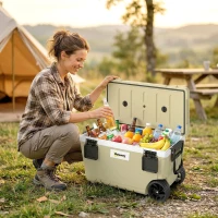 Outsunny 70L Insulated Cool Box with Wheels, Portable Ice Cooler with Handle, Lid and Drain Valve, Khaki(m-14)