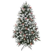 HOMCOM Albero di Natale Innevato 180cm con Bacche Rosse e Pigne Bianche, Base Rimovibile Pieghevole, 678 Rami, Verde(m-1)