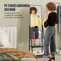 HOMCOM Oglindă Verticală de Podea cu 2 Rafturi și 4 Roți, din Oțel și Lemn, 42x37x155 cm, Negru(m-4)
