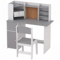 AIYAPLAY Secretária Infantil com Cadeira Suporte Ajustável para Comprimido Porta-lápis Quadro de Cortiça Estantes e Armários Cinza(m-1)