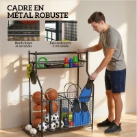 SPORTNOW Rangement d'équipements de sport, avec paniers, crochets amovibles, sangles élastiques, 92 x 42 x 109 cm, noir(m-6)