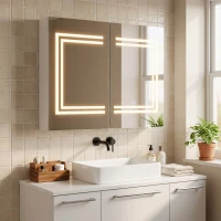kleankin Armário Casa de Banho com Espelho e Luz LED Interruptor Tátil e Cor da Luz Ajustável 80x15x65 cm Branco Brilhante(m-8)