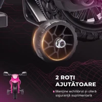 AIYAPLAY Motocicletă Electrică pentru Copii 3-8 Ani, 2 Motoare 12V, cu Roți Ajutătoare și Claxon, 3 Km/h, 30 Kg, Roz(m-5)