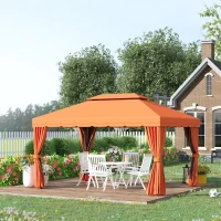 Outsunny Gazebo da Giardino 4x3m con Doppio Tetto e Tende Laterali, Arancione(m-2)