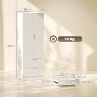 HOMCOM Armario Dormitorio con 2 Cajones, 2 Puertas con Cierre Suave y Barra de Suspensión, 60 x 47 x 180 cm, Blanco(m-3)