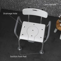 HOMCOM Height Adjustable Shower Stool with Arms and Back, Non-Slip Bedside Commode with Detachable Bucket for Elderly, White(m-6)
