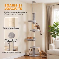 PawHut Ansamblu de Zgâriat pentru Pisici până la Tavan, 230-260 cm, 3 Stâlpi de Zgâriat, Hamac, Pluș, Gri Deschis(m-7)