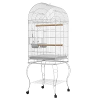 PawHut Gaiola para Pássaros com Rodas Bandeja Amovível Prateleira 2 Comedouros de Aço Inoxidável e Poleiro 51x51x153 cm Branco(m-12)