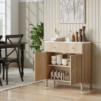 HOMCOM Buffet, meuble de rangement cannelé avec plateau effet marbre, 2 tiroirs, 2 portes, étagère réglable, 77x30x80cm, chêne(m-8)