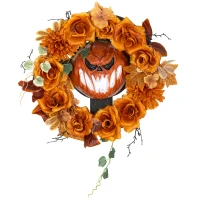 Outsunny Halloween-Kranz, Grusel-Kürbis-Design, Herbstblätter, Lichteffekte, Kunststoff(m-1)
