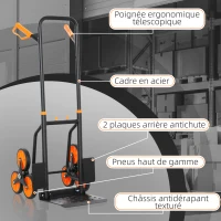 DURHAND Diable d'escalier pliable 120 kg 6 roues, diable demenagement en acier avec cordes télescopiques, 44x67x106,5cm, orange(m-6)