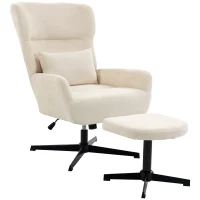 HOMCOM Fotoliu lounge rotativ 360° cu taburet, reglabil pe înălțime, tapițerie chenille, cu pernă lombară, alb-crem(m-1)