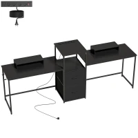HOMCOM Mesa Gaming Doble de 244 cm con Estación de Carga Puertos USB Soportes para Monitor Cajones de Tela Negro(m-1)